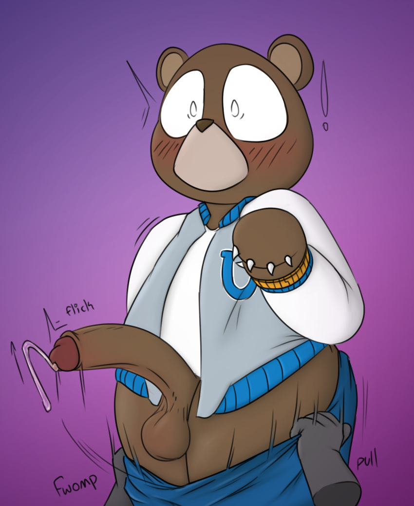 anthro anthro_only balls blush blush_lines bodily_fluids bottomwear brown_body brown_fur chunknudies clothed clothing digital_media dropout_bear english_text erection fur genital_fluids genitals hi_res humanoid_genitalia humanoid_penis kanye_west male mammal mv_character onomatopoeia pants partially_clothed penis precum pulling_pants_down shocked simple_background solo sound_effects text