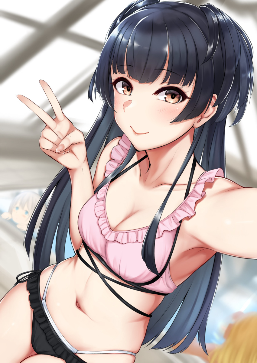 3girls bangs bikini black_hair blush brown_eyes clavicle closed_mouth cowboy_shot eyebrows_visible_through_hair female fingernails high_resolution idolmaster kusahagane long_hair looking_at_viewer mayuzumi_fuyuko multiple_girls navel self_shot serizawa_asahi side-tie_bikini swimsuit the_idolm@ster:_shiny_colors v very_high_resolution