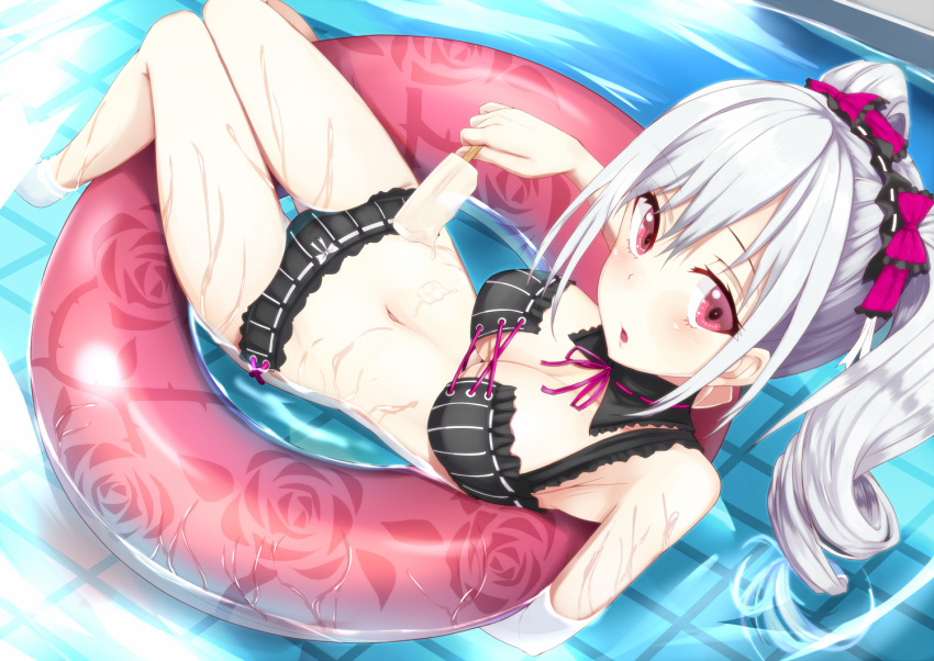 barefoot bikini blush bow breasts cleavage cream drill_hair feet female female food fringe grey_hair hair_ornament hair_ribbon hairbow ice_cream idolmaster idolmaster_cinderella_girls innertube kanzaki_ranko kusahagane long_hair looking_at_viewer looking_up lying medium_breasts medium_hair navel oogatazin open_mouth pool popsicle red_eyes ribbon silver_hair solo sweets swimsuit tied_hair twin_drills twintails viewed_from_above water wet