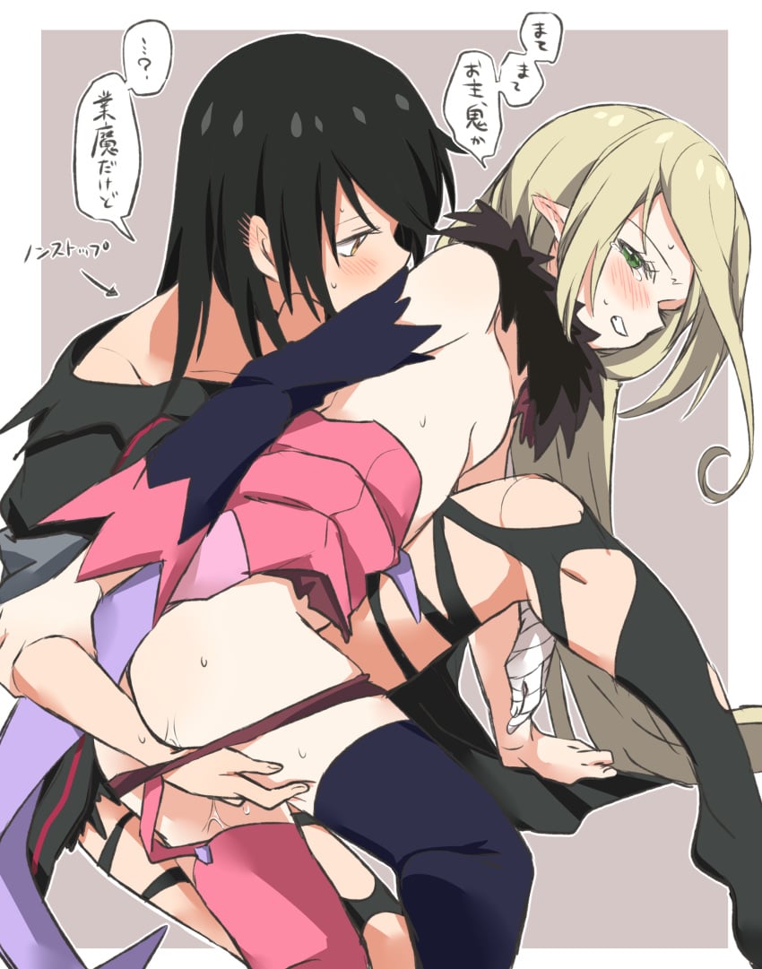 2girls absurdres arm_grab asymmetrical_legwear bandaged_arm bandages bare_shoulders black_hair black_legwear blonde_hair blue_legwear blush breasts clenched_teeth detached_sleeves ear_blush fingerless_gloves fur_trim gloves green_eyes grey_background highres long_hair looking_at_another magilou_(tales) miiii multiple_girls pink_legwear pointy_ears pussy_juice small_breasts speech_bubble tales_of_(series) tales_of_berseria tears teeth thighhighs translation_request two-tone_background velvet_crowe white_background yellow_eyes yuri