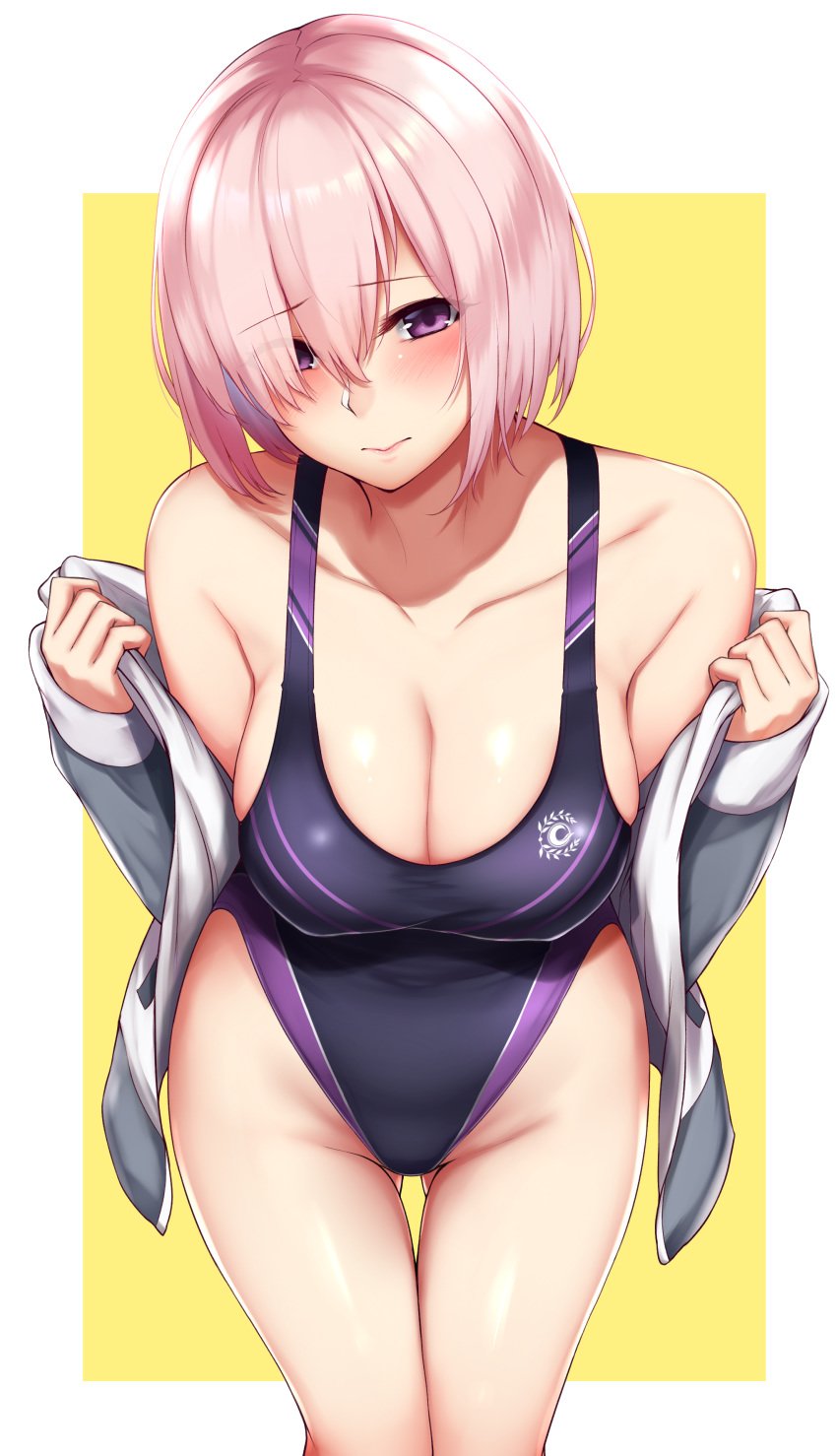 archway_of_venus bangs blush breasts clavicle cleavage competition_swimsuit cowboy_shot emblem fate/grand_order fate_(series) female gluteal_fold hair_between_eyes hair_over_one_eye high_resolution highleg highleg_swimsuit kusahagane large_breasts leaning_forward looking_at_viewer mash_kyrielight one-piece_swimsuit oogatazin pink_hair pixiv_id_2431915 purple_eyes short_hair solo standing swimsuit thigh_gap two-tone_background undressing very_high_resolution yellow_background