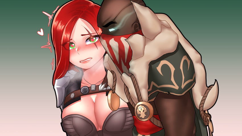 big_breasts breasts cleavage dark-skinned_male dark_skin dochi facial_scar female green_eyes heart-shaped_pupils hugging imminent_sex interracial katarina_du_couteau league_of_legends male pyke red_hair scar undead