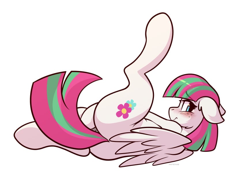 4:3 absurd_res blossomforth_(mlp) blush covering covering_crotch cutie_mark equid equine female feral friendship_is_magic fur furry genitals green_mane hasbro hi_res looking_at_viewer looking_back mammal mane multicolored_mane multicolored_tail my_little_pony pegasus pink_mane raised_leg solo white_background white_body white_fur whitepone wings