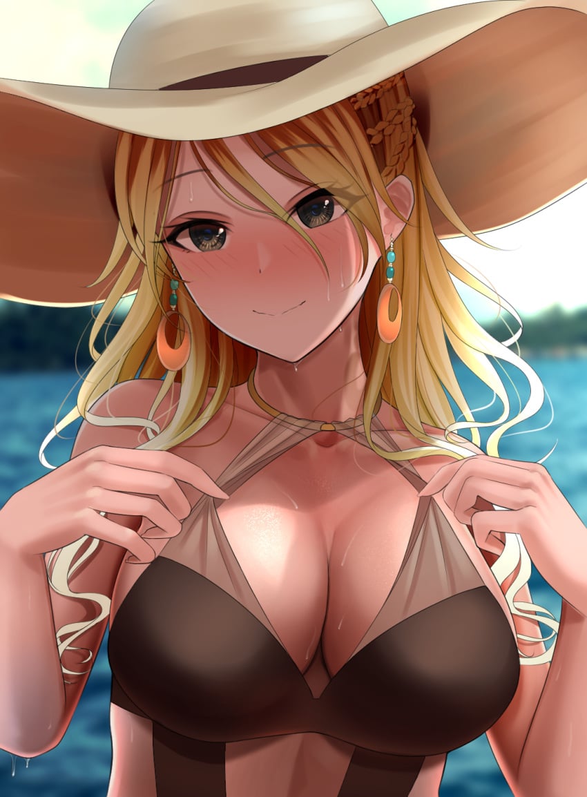 1girls adjusting_clothes adjusting_swimsuit bangs bare_shoulders big_breasts black_swimsuit blonde_hair blurry blurry_background blush breasts brown_eyes brown_hair choker cleavage cleavage_cutout collarbone dark_skin earrings female_only gradient_hair gyaru hair_between_eyes hat highres idolmaster idolmaster_shiny_colors izumi_mei jewelry large_breasts long_hair looking_at_viewer multicolored_hair outdoors smile solo sun_hat swimsuit tan testame wet