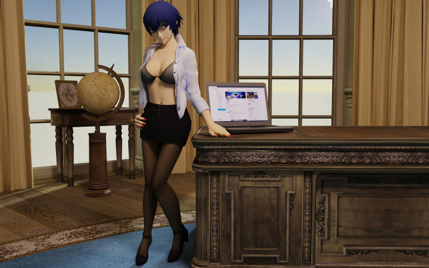 belly_button blue_hair bra clothing computer desk electronics female glasses globe high_heels human laptop myrotep office open_clothes open_shirt painted_nails pale_skin pantyhose persona persona_4 shirogane_naoto skirt stockings window