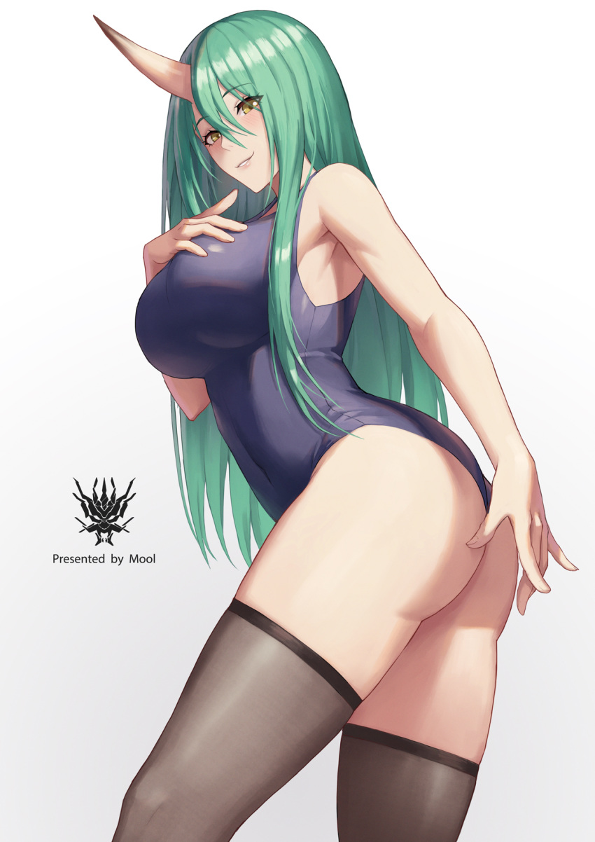 arknights ass big_breasts breasts green_hair horn hoshiguma_(arknights) large_breasts long_hair mool_yueguang oni swimsuit thighs yellow_eyes