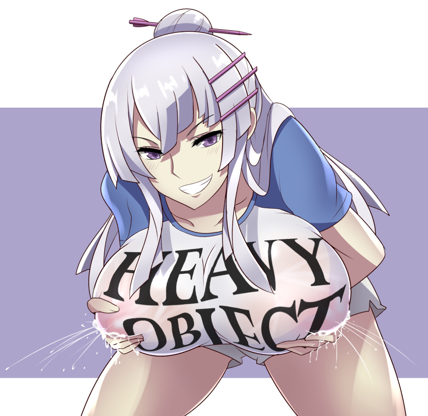 alto-kun altronage blush breast_grab cowboy_shot female female_only frolaytia_capistrano hair_bun hair_ornament heavy_object lactation lactation_through_clothes large_breasts long_hair mega_milk milk nipples purple_eyes silver_hair smug wet_shirt