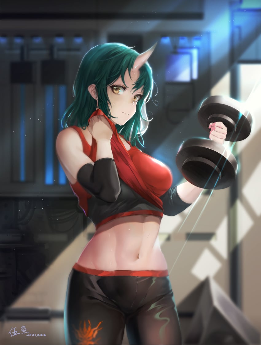 1girls 2020 arknights dumbbell female green_hair horn hoshiguma_(arknights) lifting_shirt looking_at_viewer navel oni short_hair solo sports_bra sportswear sweat weightlifting white_skin yellow_eyes yoga_pants