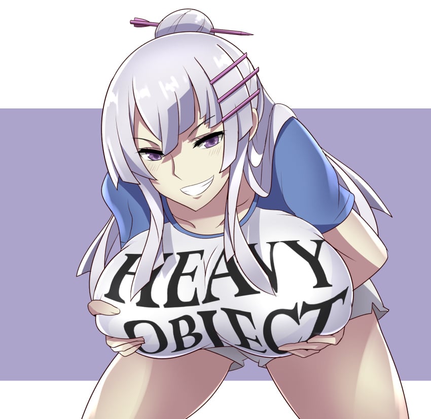 alto-kun altronage blush breast_grab cowboy_shot female female_only frolaytia_capistrano hair_ornament heavy_object large_breasts long_hair mega_milk purple_eyes silver_hair smug