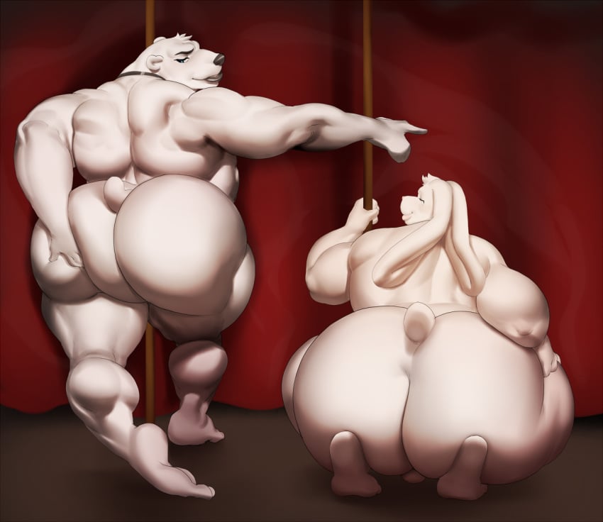 2boys anthro backsack bear black_lipstick huge_ass justmegabenewell male male_only male_stripper muscular polar_bear rabbit rabbit_ears stripper stripper_pole tail thick_thighs white_fur