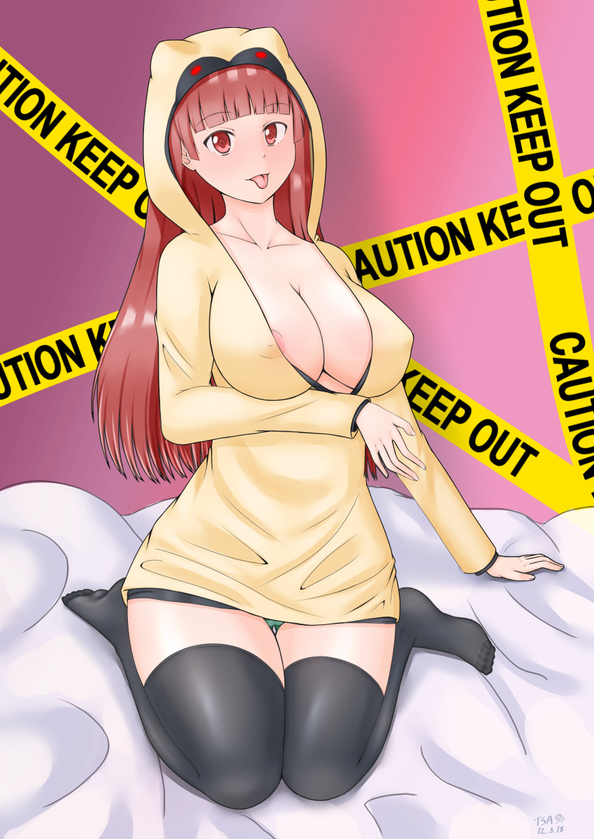 1girls anime_girl_eilene beno-chan big_breasts fully_clothed hoodie kneeling nip_slip nipple_bulge nipple_slip nipples pantyshot partially_exposed_nipples pinup police_tape red_eyes red_hair solo solo_female thighhighs thighs tongue_out tsa virtual_youtuber