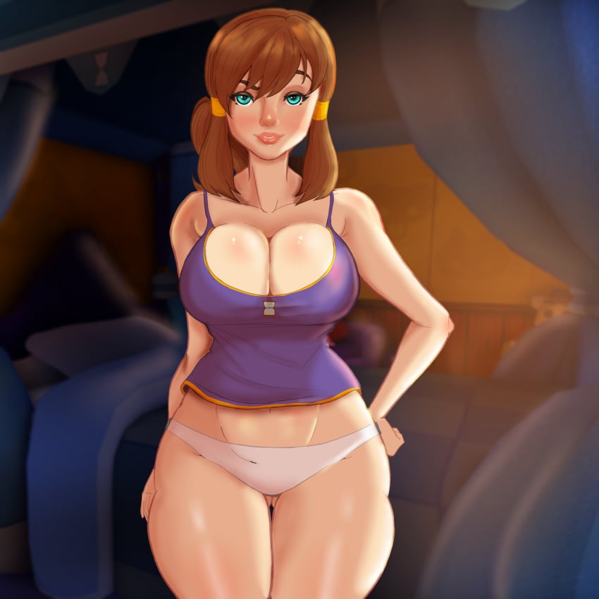 1girls a_hat_in_time aged_up bedroom big_breasts blue_eyes breasts brown_hair cleavage clothing doocen female female_only hat_adult hat_kid huge_breasts large_breasts no_pants panties shiny_skin solo standing thick_thighs thighs wide_hips