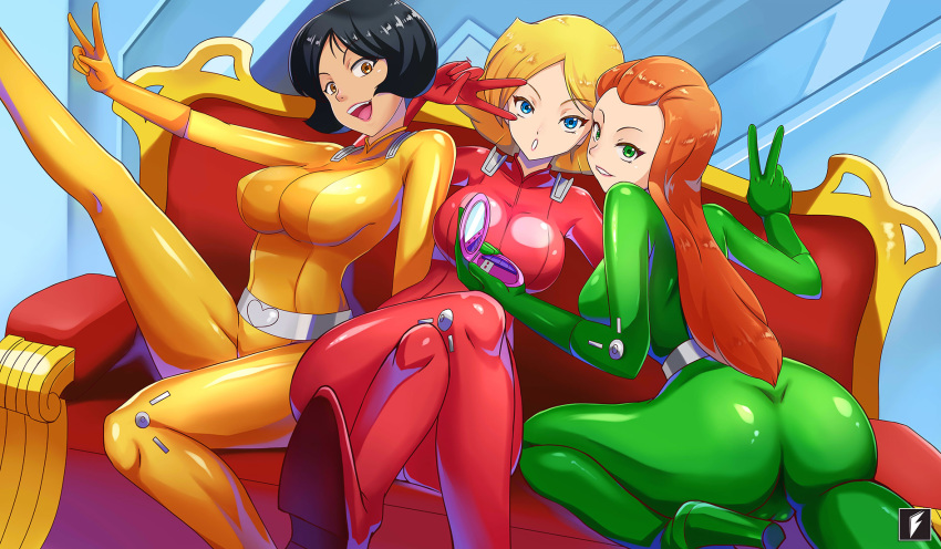 3girls alex_(totally_spies) belt big_breasts black_hair blonde_hair blue_eyes bodysuit boots brown_hair clover_(totally_spies) compowder computer dark_skin electronics female female_focus female_only footwear fuji_fujiko green_eyes handwear hazel_eyes high_heel_boots high_heels human long_hair orange_hair pale_skin redhead sam_(totally_spies) short_hair thigh_boots thighhigh_boots totally_spies trio yellow_eyes