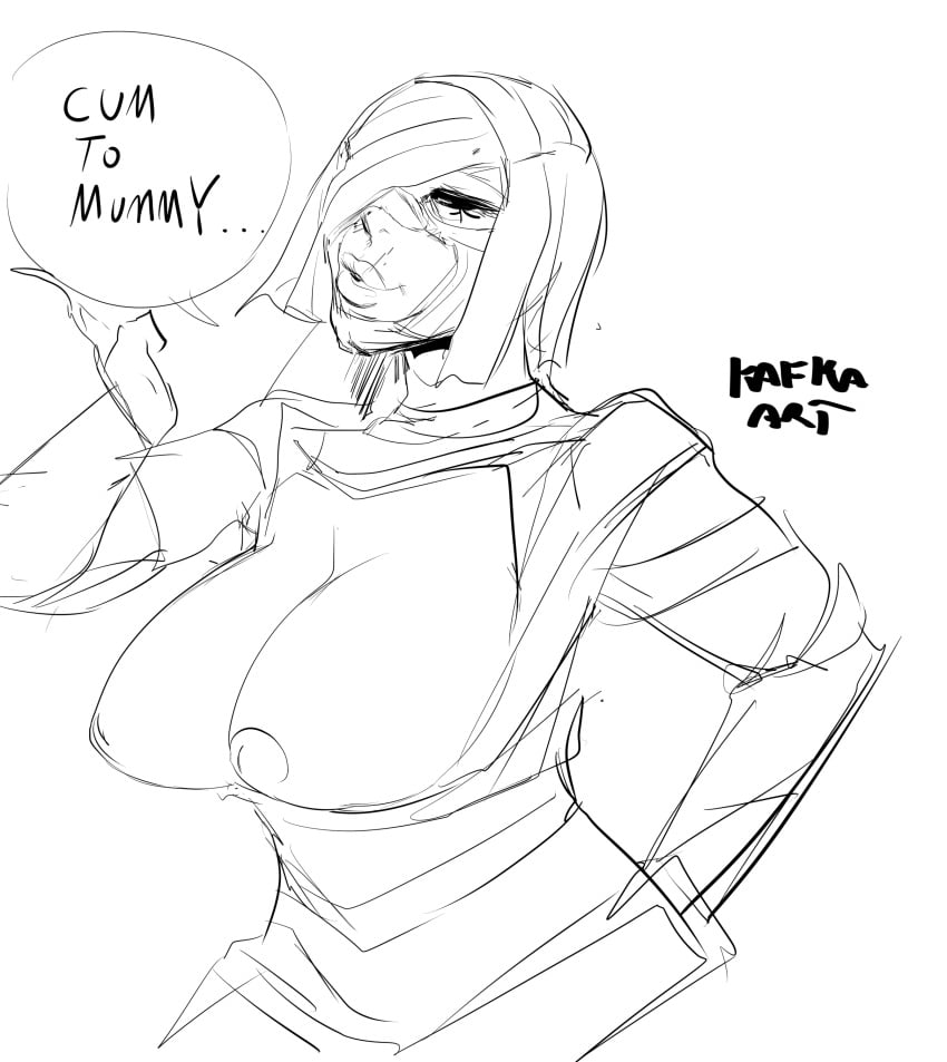 1girls 2d alternate_costume ana_amari bandages big_breasts blizzard_entertainment dialogue egyptian exposed_breasts gilf kafka_art mature monochrome mummy mummy_costume old_ana_amari overwatch pharaoh_ana pun sketch solo solo_female white_hair wrinkles