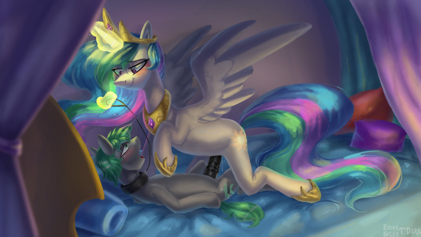 16:9 alicorn animal_genitalia animal_penis bed blush collar cowgirl_position duo enderselyatdark equid equine equine_penis female feral friendship_is_magic furniture furry genitals glowing glowing_horn hasbro hi_res holding_leash holding_object horn horse leash lying male male/female mammal medial_ring my_little_pony on_bed on_bottom on_top open_mouth penis pony princess_celestia_(mlp) sex smile widescreen wings