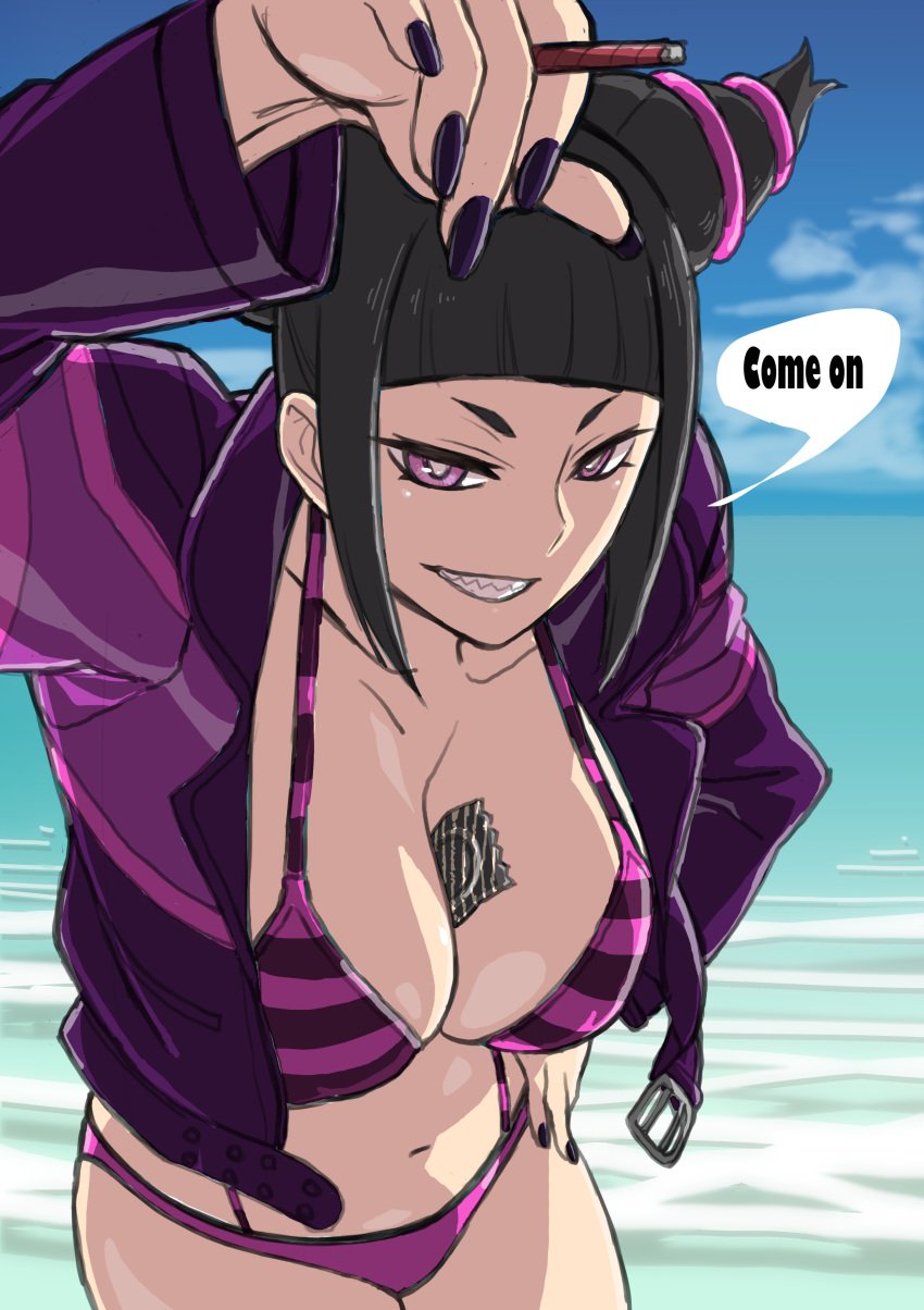 1girls against_fourth_wall alternate_costume bangs beach between_breasts bikini black_hair blunt_bangs breasts capcom cigarette cleavage clothed clouds condom condom_between_breasts condom_wrapper curvy dialogue drill_hair english_text female female_only hand_on_hip highres human inviting jacket juri_han large_breasts leaning_forward looking_at_viewer makinaru midriff nail_polish navel object_between_breasts open_jacket outdoors pink_bikini pink_eyes purple_nails seaside sharp_teeth sidelocks sky smile smirk solo speech_bubble street_fighter street_fighter_v striped_bikini talking_to_viewer text thick_thighs twin_drills water