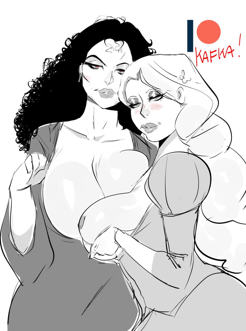 2girls adoptive_daughter age_difference big_breasts big_lips black_hair blush breasts breasts_out chubby clothed clothing daughter disney disney_princess dress exposed_breasts fully_clothed greyscale huge_breasts imminent_exposure kafka_art long_hair looking_at_viewer mature_female milf monochrome mother mother_and_daughter mother_gothel nipples older_female rapunzel rough_sketch slightly_chubby tangled thick_lips unfinished younger_female