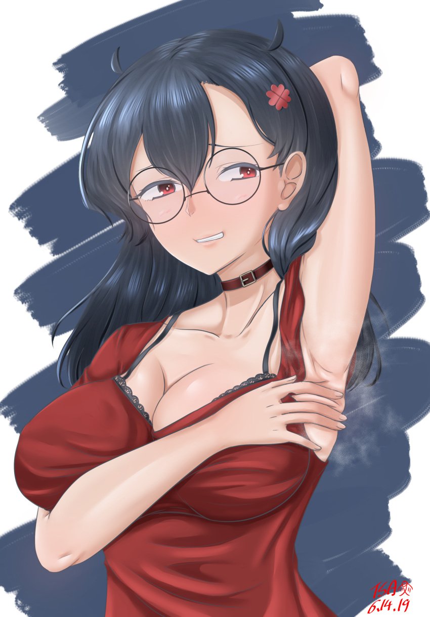 2019 arm_behind_head armpit_fetish armpit_focus armpits big_breasts black_hair choker comdost_(character) comdost_(vtuber) fully_clothed hair_horns hairclip indie_virtual_youtuber nervous nervous_smile presenting_armpit red_eyes round_glasses smell smirk steam steaming_body tsa virtual_youtuber