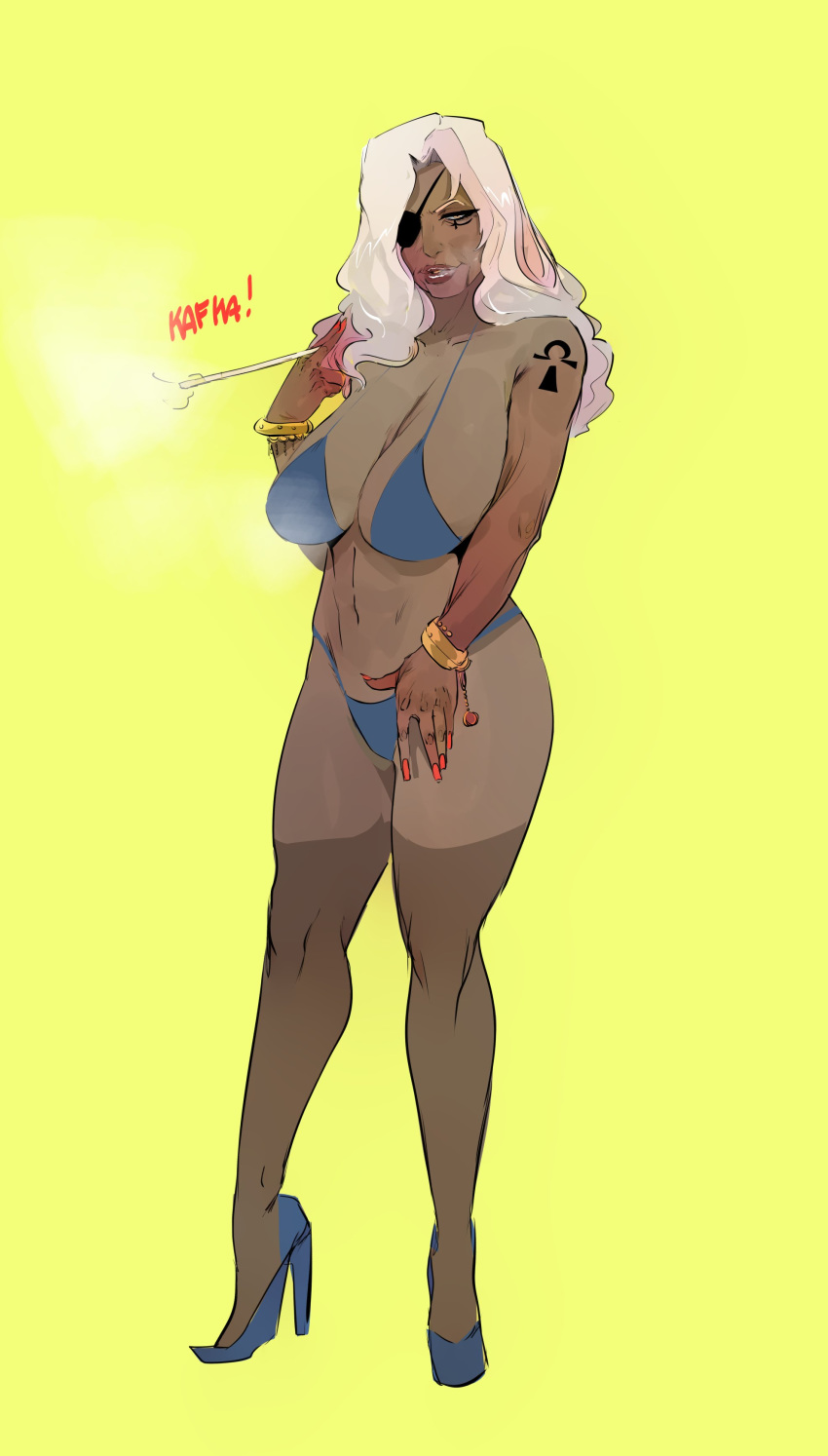 2d alternate_version_available ana_amari big_breasts big_lips bikini blizzard_entertainment cigarette_holder dark-skinned_female dark_skin egyptian eyepatch gilf hairy high_heels kafka_art mature mature_female milf nasolabial_folds old_ana_amari old_woman overwatch sagging_breasts smoking thick_thighs white_hair white_pubic_hair wrinkles