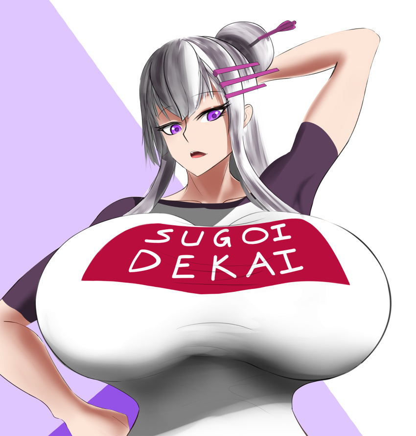 1girls big_breasts breasts clothed clothed_female female female_only frolaytia_capistrano gigantic_breasts hair_ornament heavy_object huge_breasts large_breasts meme_attire pcell purple_eyes silver_hair solo solo_female sugoi_dekai uzaki-chan_wa_asobitai! uzaki_hana_(cosplay)