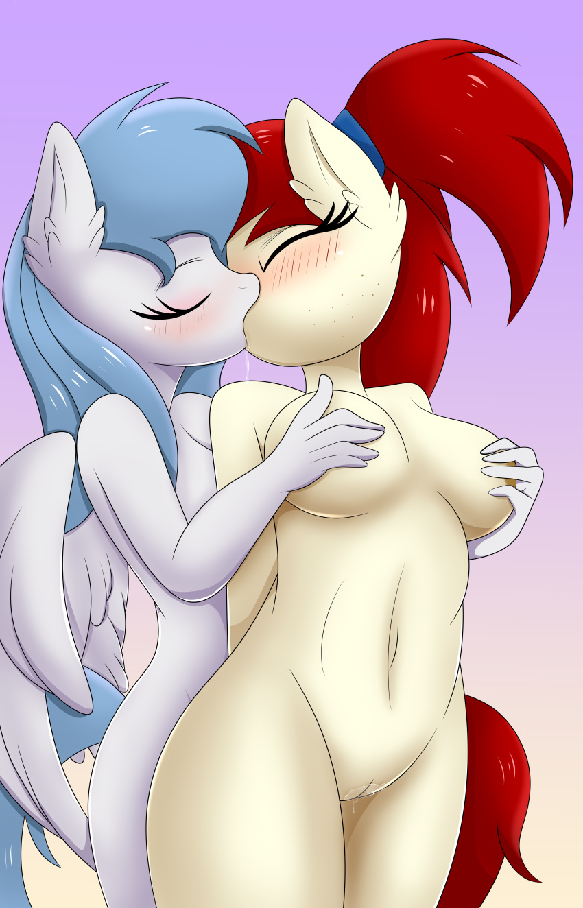 absurd_res anthro big_breasts blush bodily_fluids breasts closed_eyes duo equid equine female female/female genital_fluids genitals hasbro hi_res kissing mammal my_little_pony nude pegasus pussy pussy_juice rainbownspeedash saliva silver_draw_(oc/an-tonio) simple_background vector_cloud_(oc) wings yuri