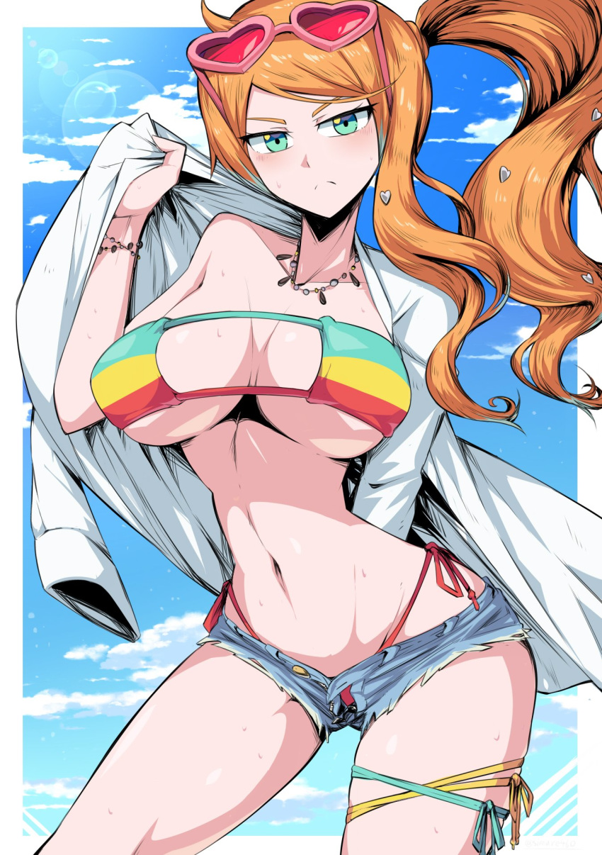 1girls alternate_breast_size aqua_eyes big_breasts bikini busty eyepatch_bikini female female_only fit_female hourglass_figure huge_breasts jean_shorts labcoat large_breasts minishorts nintendo orange_hair pale-skinned_female pale_skin pokemon pokemon_professor pokemon_ss ponytail short_shorts shorts side_ponytail solo solo_female sonia_(pokemon) stripping sunglasses sunglasses_on_head suzusiigasuki swimsuit thighs