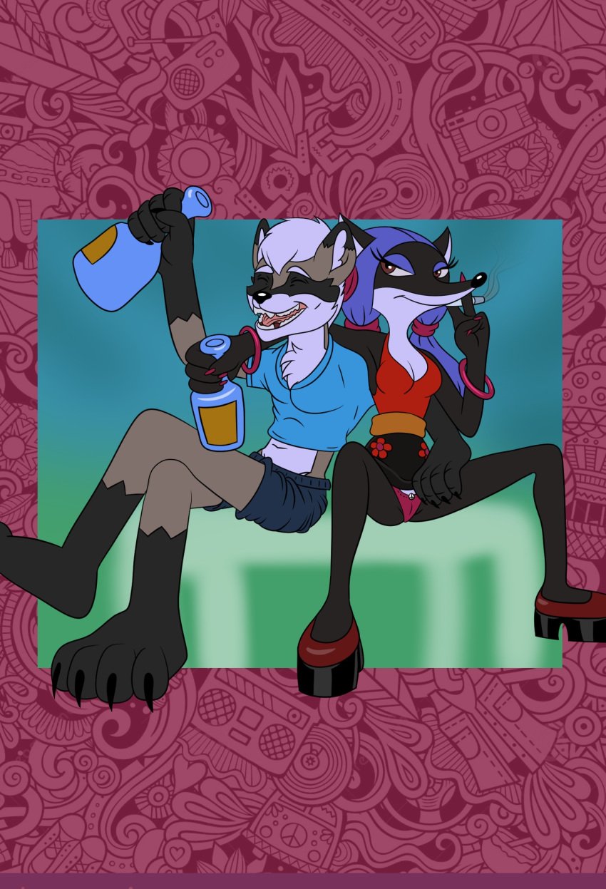 alcohol anthro beverage black_body black_fur blue_eyes blue_hair bottomwear bracelet breasts brown_eyes canid canine chest_tuft claws cleavage clothed clothing comic duo fangs female fox fur gloves_(marking) green_eyes grey_body grey_fur hair hi_res interspecies jewelry leg_markings liquor mammal markings metalslayer multicolored_body multicolored_fur on_the_forest_trail procyonid raccoon rave_raccoon russian russian_hippie_vixen skirt smile smoking socks_(marking) soviet_cartoon soyuzmultfilm tongue tuft two_tone_body two_tone_fur white_body white_fur white_hair