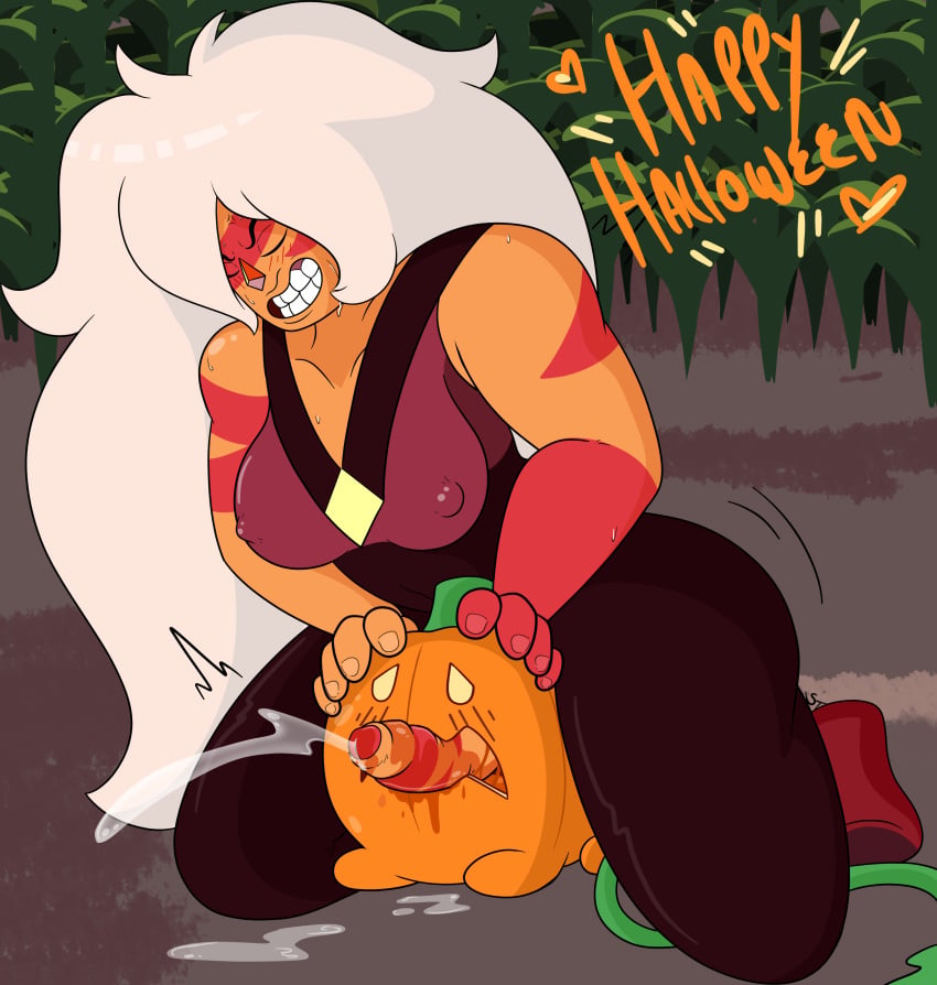 breasts clenched_teeth clothed_sex cum cumshot ejaculation erect_nipples erection food_penetration food_play foreskin fucking_pumpkin futadom futanari halloween intersex jasper_(steven_universe) kneeling large_breasts long_hair nipple_bulge on_ground orange_skin outdoors penis penis_out pumpkin pumpkin_(steven_universe) sex sleeptalker solo_futa steven_universe white_hair