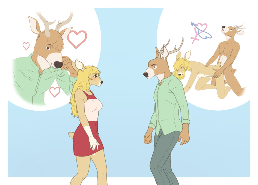 9x9 all_fours anthro antlers cervid cervine clothed clothing doggy_style duo eye_contact female from_behind_position horn kneeling looking_at_another male mammal nude sex simple_background smile straight walking