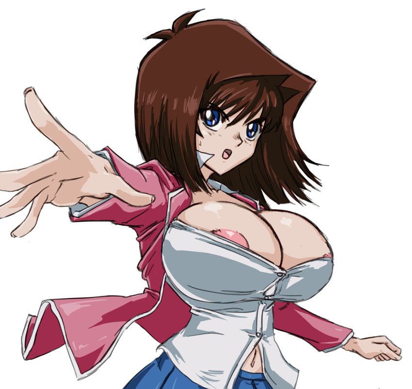 1girls areola areola_slip areolae big_breasts blue_eyes breasts brown_hair female human navel nipple_slip nipples open_clothes open_mouth open_shirt school_uniform shounen_jump solo solo_female sweat sweatdrop tea_gardner yu-gi-oh! zahkey