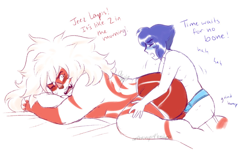 dragonsmooches english_text grinding jasper_(steven_universe) lapis_lazuli_(steven_universe) lying protest size_difference sketch steven_universe topless yuri