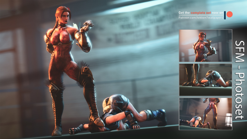 2girls 3d absurdres ass bodysuit boots breasts brown_hair catfight defeat defeated dominance dominant_female dominated domination dominatrix female female_domination female_with_female femdom foot_on_head hand_on_hip held_down helpless highres kazama_asuka pinned ponytail restrained ryona sensual short_hair shorts submissive submissive_female tekken tekken7wallpapers tekken_7 wrestling_ring yuri