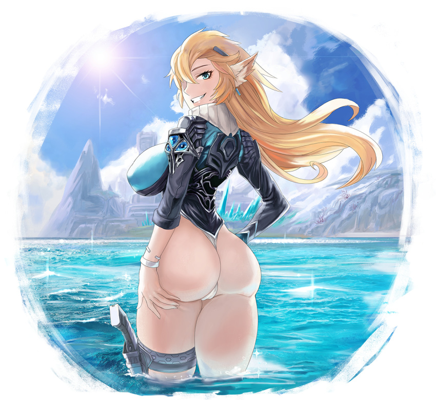 1girls alien alternate_version_available animal_ears ass blonde_hair breasts clothed damagefloor gun holster looking_at_viewer looking_back neilnail_(xenoblade_x) okasaretafuroa qlurian solo_female xenoblade_(series) xenoblade_chronicles_x