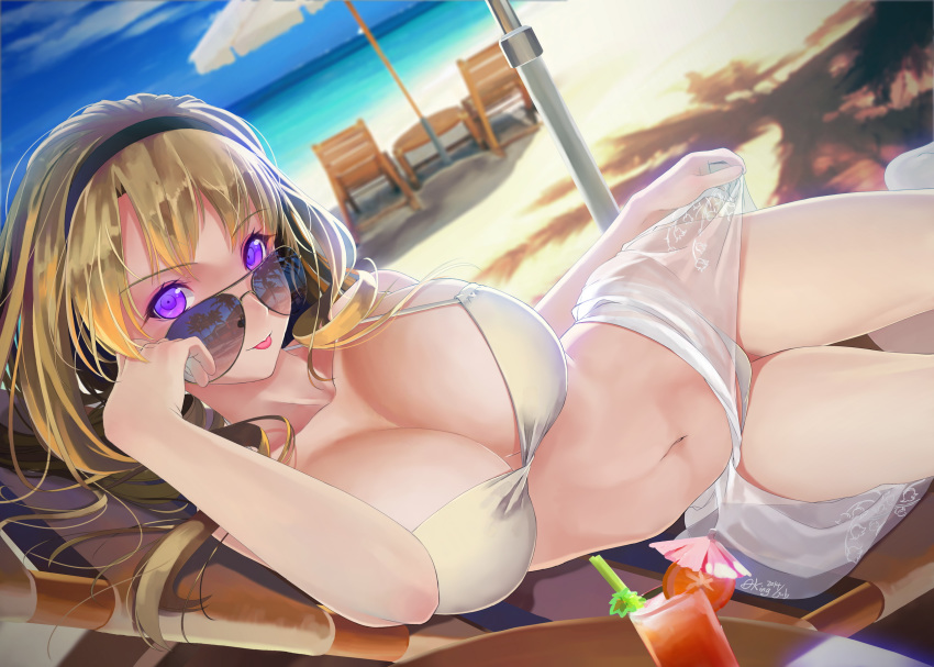 1girls :p adjusting_eyewear adjusting_glasses aviator_sunglasses beach bikini blonde_hair blue-tinted_eyewear blue-tinted_glasses blush breasts chair cleavage collarbone day female female_focus female_only hairband highres large_breasts long_hair looking_at_viewer looking_over_eyewear looking_over_glasses lying navel ocean okingjo on_side original outdoors purple_eyes short_hair sky smile solo sunglasses swimsuit table thighs tinted_eyewear tongue tongue_out white_bikini white_swimsuit