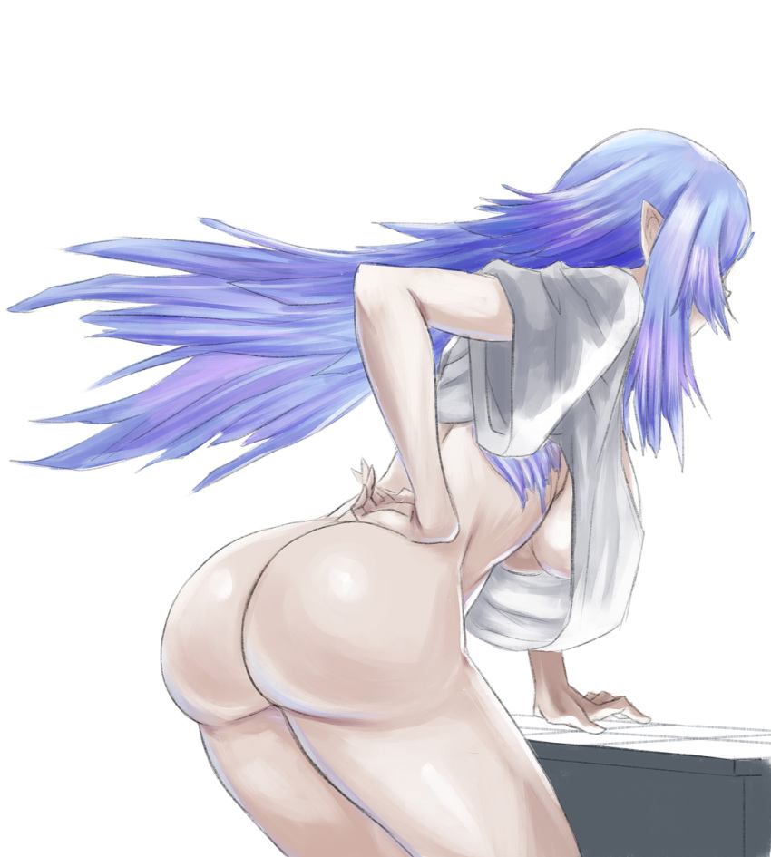 alien alien_girl alternate_costume ass blue_hair casual_clothes casual_clothing casual_exposure crystal_hair damagefloor elma_(xenoblade_x) hand_on_hip hand_on_table leaning_forward leaning_on_object leaning_on_table loose_shirt no_pants no_underwear okasaretafuroa pale_skin pointed_ears sideboob spoilers t-shirt underboob xenoblade_(series) xenoblade_chronicles_x