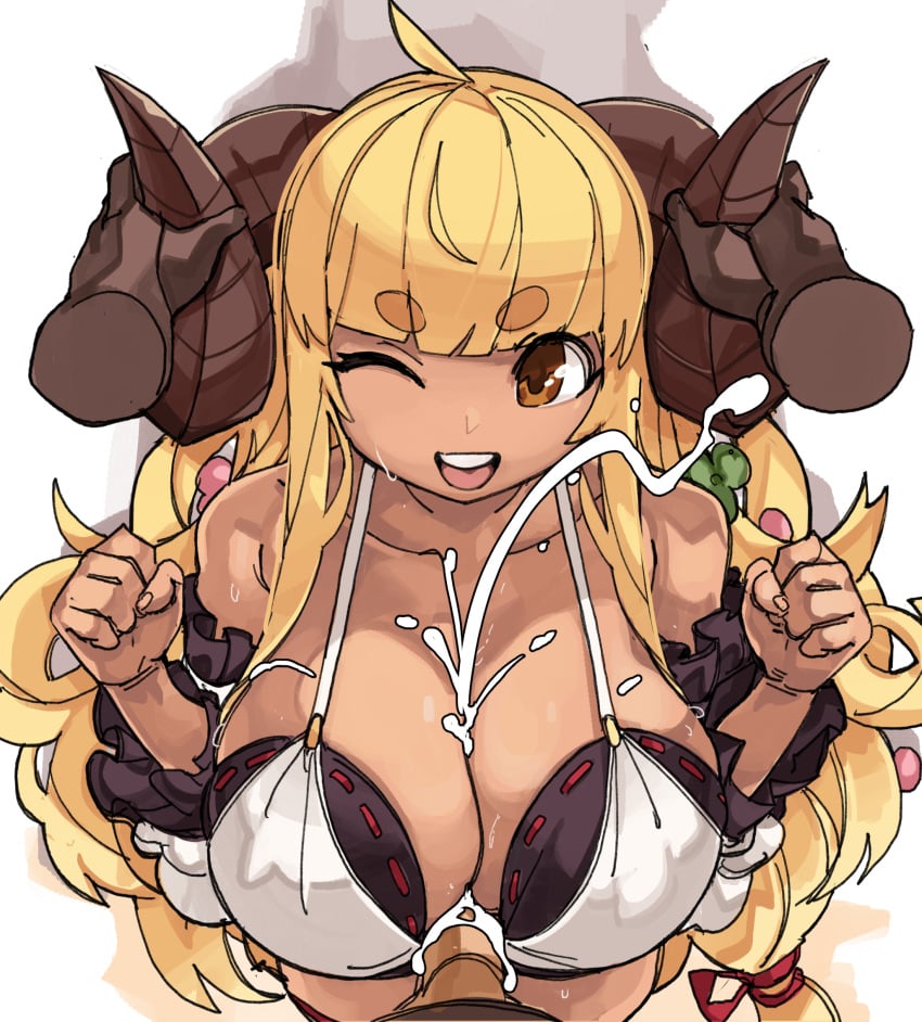 ahoge anila_(granblue_fantasy) bangs bikini blonde_hair blunt_bangs breasts cum dark_skin detached_sleeves disembodied_limb disembodied_penis draph ejaculation eyebrows eyebrows_visible_through_hair female granblue_fantasy highres horns huge_breasts long_hair one_eye_closed open_mouth paizuri paizuri_under_clothes penis ribbon-trimmed_bikini sheep_horns short_eyebrows smile sweatdrop swimsuit very_long_hair yellow_eyes zanamaoria