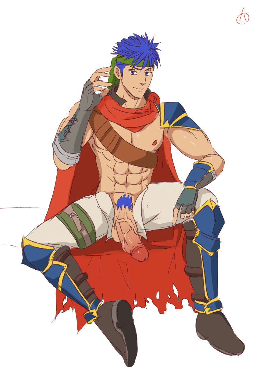 1boy abs acecream bara big_penis black_hair brown_boots fire_emblem fire_emblem:_path_of_radiance fire_emblem:_radiant_dawn ike_(fire_emblem) male male_focus male_only muscular_male presenting presenting_penis pubic_hair red_cape semi-erect showing_off toned_male torn_cape torn_clothes veiny_penis white_background