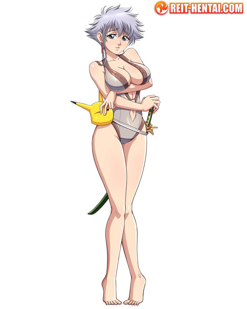 1girls barefoot big_breasts bleach breasts center_opening female female_only grey_hair katana keaton_mask kotetsu_isane looking_at_viewer navel navel_cutout one-piece_swimsuit reit short_hair solo swimsuit watermark white_background