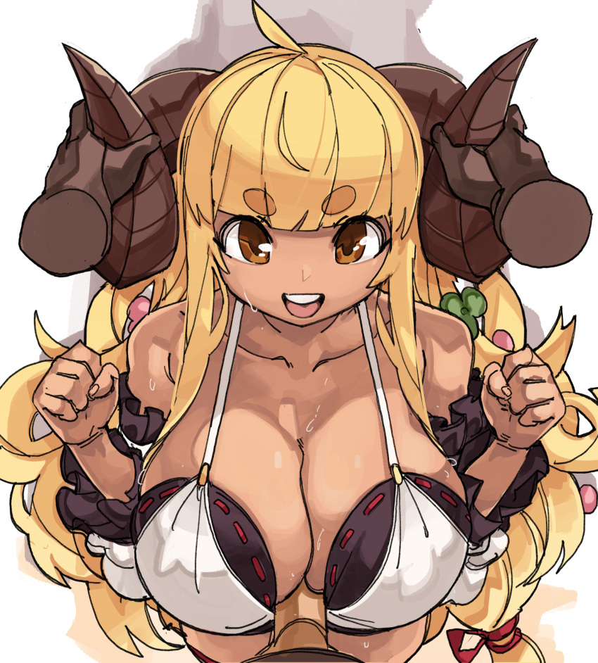 ahoge anila_(granblue_fantasy) bangs bikini blonde_hair blunt_bangs breasts dark_skin detached_sleeves disembodied_limb disembodied_penis draph eyebrows eyebrows_visible_through_hair female granblue_fantasy highres horns huge_breasts long_hair open_mouth paizuri penis ribbon-trimmed_bikini sheep_horns short_eyebrows smile sweatdrop swimsuit very_long_hair yellow_eyes zanamaoria