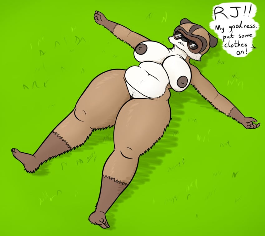 anthro anthrofied big_breasts breasts brown_body brown_fur chubby_female dreamworks eyewear female fur genderswap genitals grass mammal nipples nude open_mouth over_the_hedge oystercatcher7 procyonid pussy raccoon rj_(over_the_hedge) rule_63 slightly_chubby solo speech_bubble sunglasses text thick_thighs wide_hips