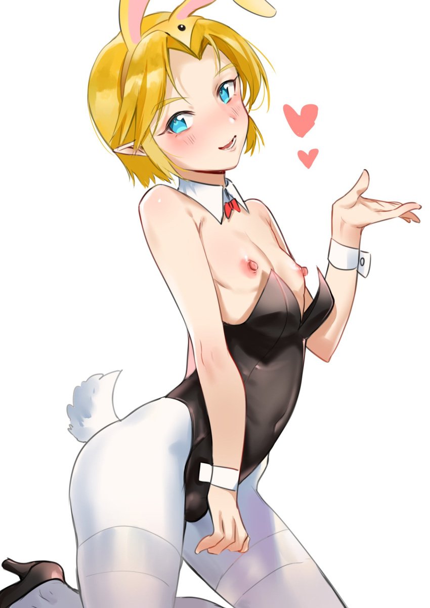 1boy androgynous blonde_hair blue_eyes blush bulge bunny_ears bunny_hood bunny_tail bunnysuit crossdressing femboy feminine_male girly leotard link looking_at_viewer majora's_mask male male_only ocarina_of_time pantyhose short_hair small_breasts small_penis solo tamatamako the_legend_of_zelda trap visible_nipples white_legwear young_link