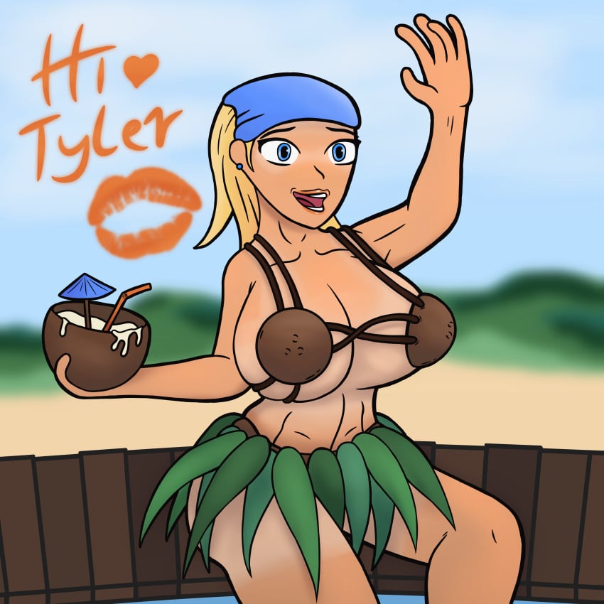 atwistedsinner bikini bimbo blonde_hair blue_eyes coconut coconut_bra drink gigantic_breasts huge_breasts lindsay_(tdi) looking_at_viewer tan tanline total_drama_island waving