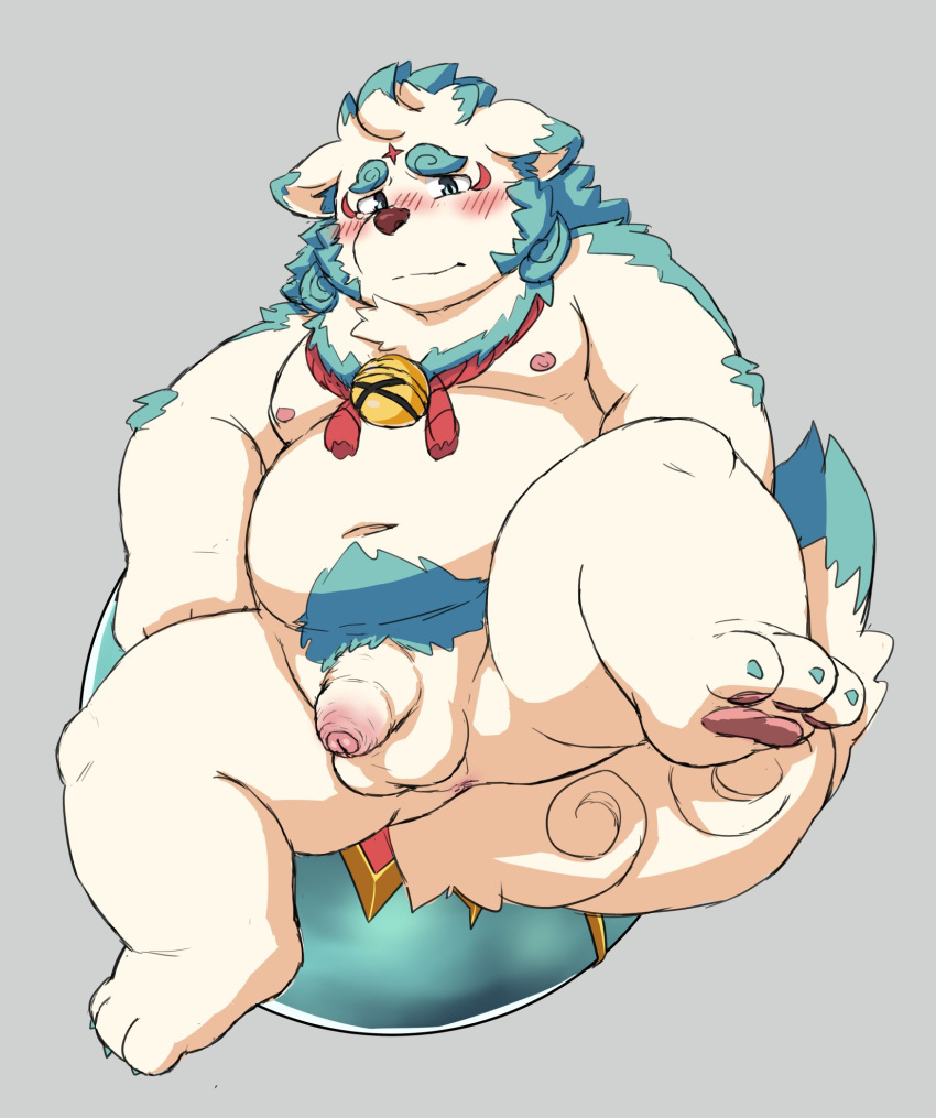 2020 agyou anthro asian_mythology balls belly blush east_asian_mythology flaccid foo_dog fur genitals hi_res japanese_mythology kemono komainu male male_only mammal moobs mythology navel nipples overweight overweight_anthro overweight_male penis reddo12340 simple_background solo tokyo_afterschool_summoners video_games white_body white_fur young yōkai