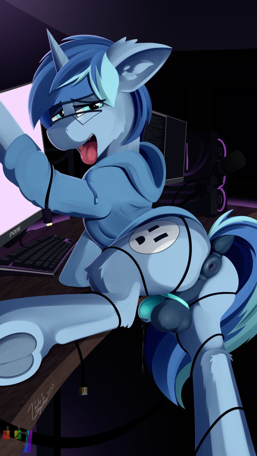 absurd_res anus ass balls blue_body blue_fur blue_mane blue_tail cable chastity_cage chastity_device clothing computer conicaw cutie_mark dock equid equine eyewear feral fur furniture furry genitals glasses half-closed_eyes hasbro hi_res hoodie horn inner_ear_fluff inside keyboard leaking_precum looking_at_viewer looking_back male mammal mane microphone monitor my_little_pony narrowed_eyes open_mouth pedalspony_(artist) penis presenting presenting_hindquarters solo table tongue tongue_out topwear tuft unicorn