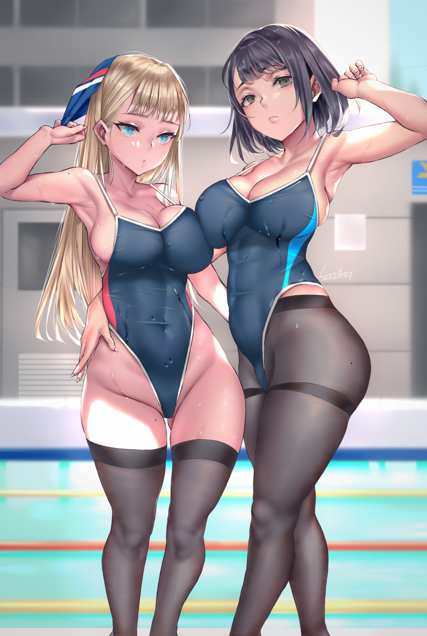 2girls armpits ass asymmetrical_docking black_hair black_legwear blonde_hair blue_eyes breast-to-breast breast_press breasts cleavage clothed_navel covered_navel day female female_only groin hand_up high_resolution large_breasts large_filesize light-skinned_female long_hair medium_hair mole mole_on_ass mole_on_thigh multiple_girls one-piece_swimsuit original outdoors pantyhose pantyhose_under_swimsuit pool short_hair standing swim_cap swimsuit thighband_pantyhose thighs very_high_resolution viola_(seed) water wet