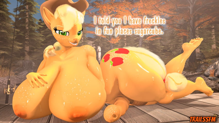 16:9 3d 4k absurd_res ambiguous_gender animal_genitalia animal_penis anthro applejack_(mlp) bedroom_eyes big_breasts breasts dialogue equid equine equine_penis feet fishing_rod forest freckles friendship_is_magic furry futanari genitals gynomorph hand_on_breast hasbro hi_res horsecock huge_breasts huge_thighs intersex lying mammal my_little_pony narrowed_eyes nude on_side penis pier pond raised_leg seductive shoulder_freckles smiling_at_viewer solo source_filmmaker straight_hair talking_to_viewer text thick_thighs trailssfm tree widescreen