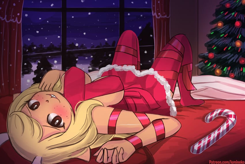 1girls anthro bed bed_sheet blonde_hair breasts buckteeth candy_cane christmas christmas_outfit christmas_tree cute deer deltarune female female_only freckles freckles_on_face fur furry indoors laying_on_back laying_on_bed luminaura lumineko nipple_bulge noelle_holiday reindeer ribbon smile snow tan_fur