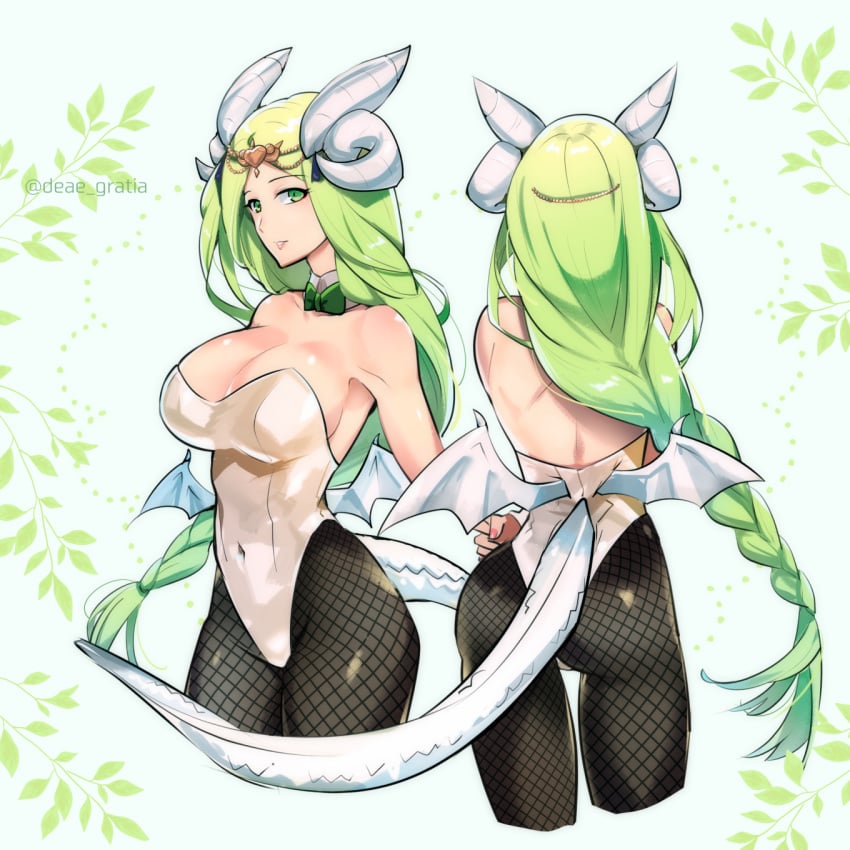 ass big_breasts braided_hair bunny_suit dragon_girl dragon_horns dragon_tail dragon_wings fire_emblem fire_emblem:_three_houses fishnets green_eyes green_hair large_breasts nabatean_(fire_emblem) rhea_(fire_emblem) solo solo_female wings yomusugara_(uzo-muzo)