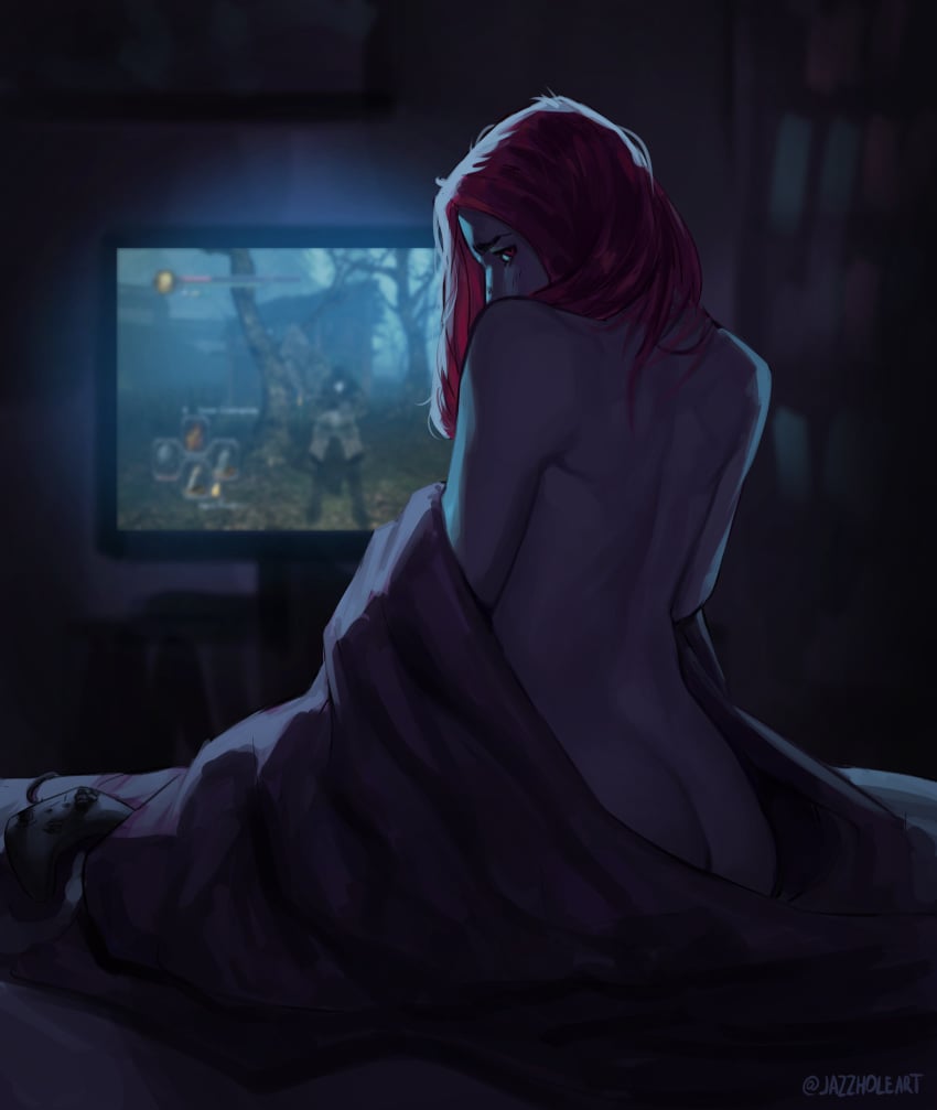 ass ass_cleavage back blurry_background butt_crack controller dark_souls from_behind jazzhole long_hair looking_at_viewer looking_over_shoulder nude red_hair sitting solo teasing television video_games xbox xbox_controller