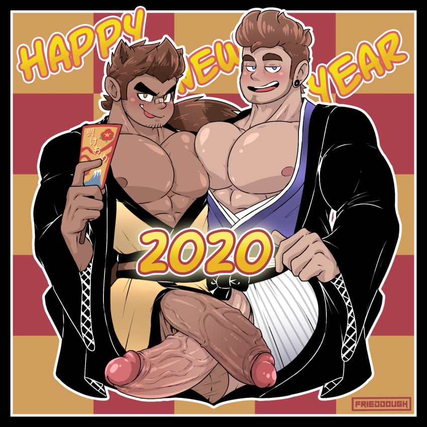 2020 animal_ears bara big_balls big_penis boner ear_piercing erection facial_hair frieddough gay happy_new_year japanese_clothes japanese_text luke_(frieddough) male_only mctail_(frieddough) mouth_open original_characters penis_size_difference plaster tail tongue tongue_out uncensored veins veiny_penis